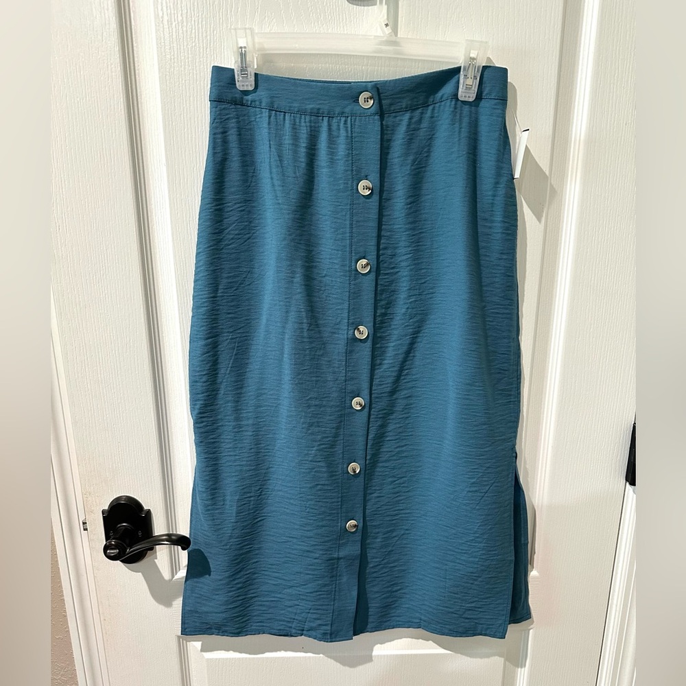 Hem & Thread Teal Blue Midi Button Down Skirt with Side Slits NWT